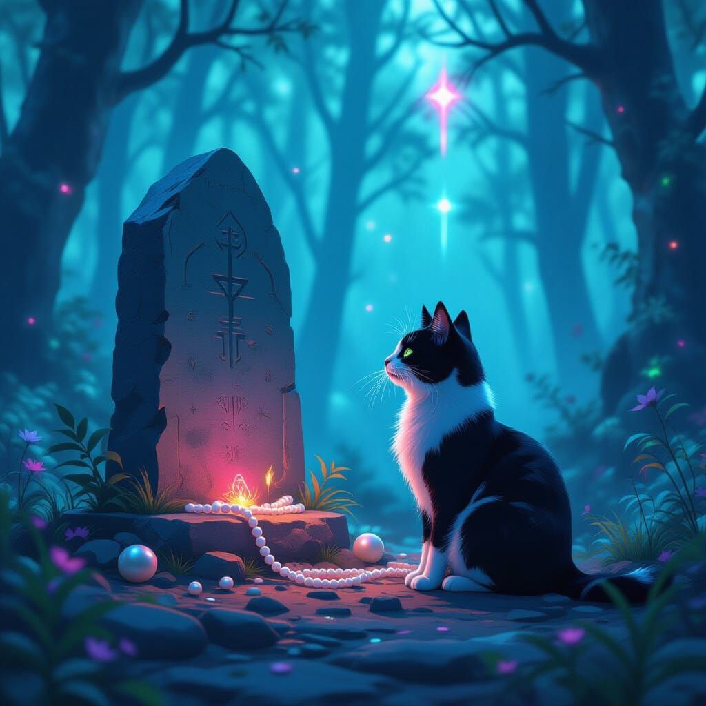 Mystical Cat at Altar in Neon Forest