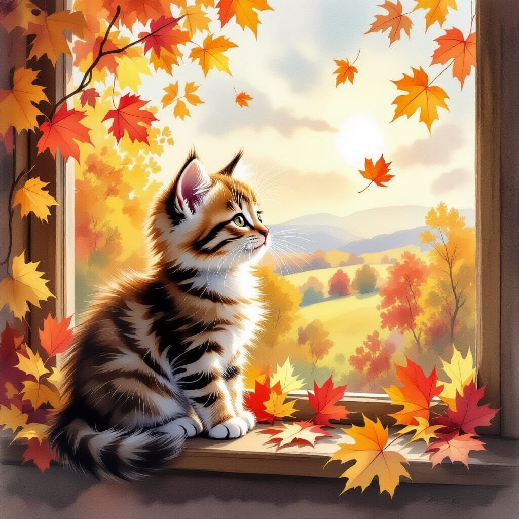 Tabby Kitten on Autumn Windowsill in Watercolor Style