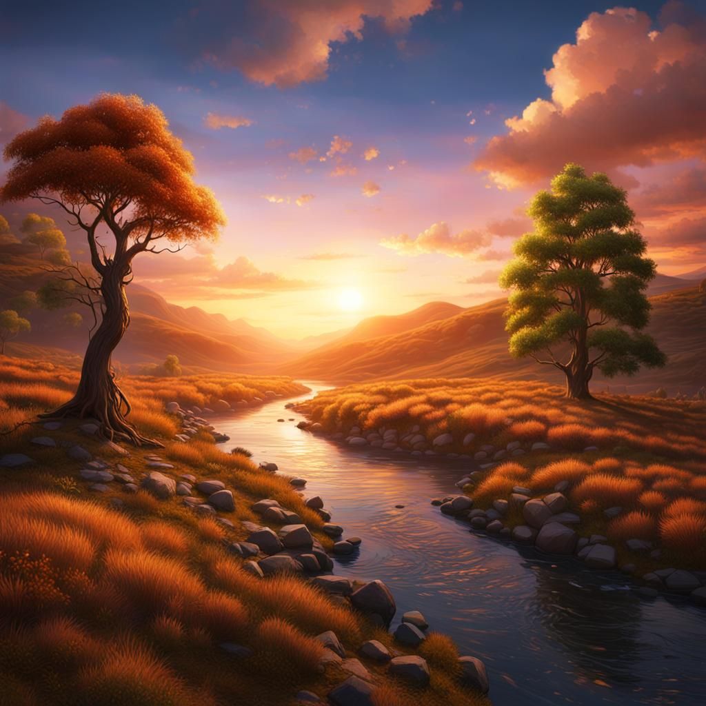 Realistic Sunset Landscape with River and Hill