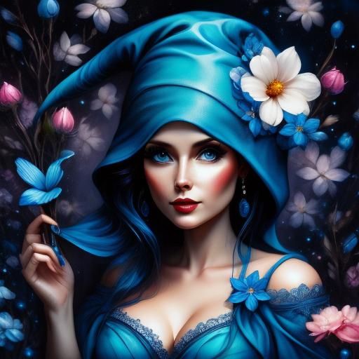 Blue Smurf Woman Picking Flowers in Ethereal Style