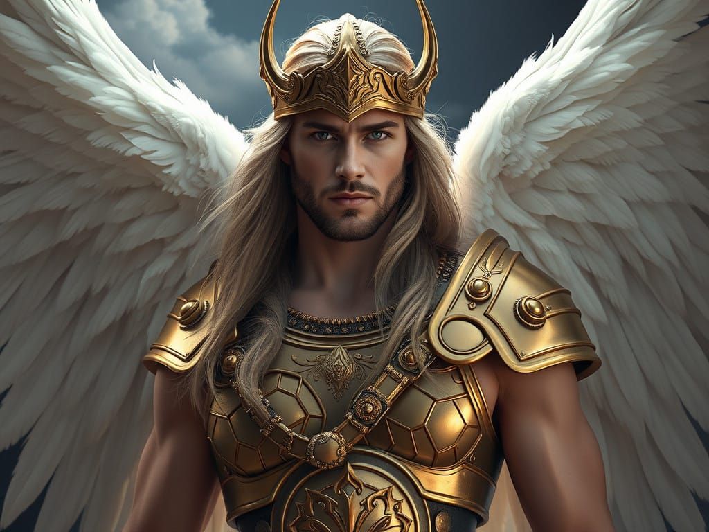 Confident Scandinavian Angel in Golden Haute Couture with Ma...