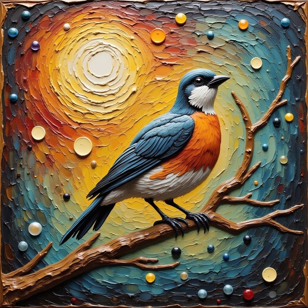 Realistic Bird in Cosmic Astral Art, Impasto Encaustic Style