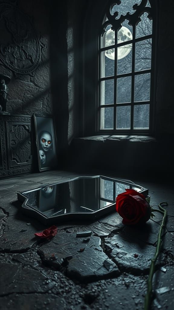 Shattered Mirror on Ancient Stone Floor Reflects Ghostly Fac...