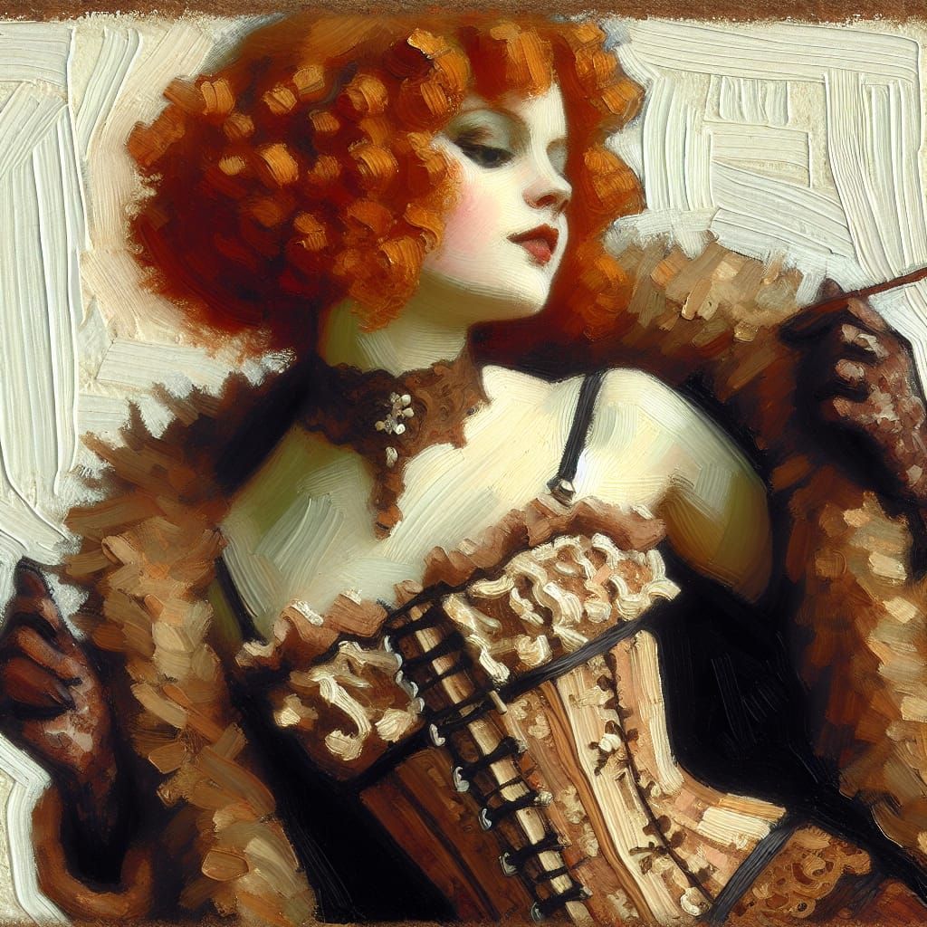 Redhead in Corset, Art Nouveau Style Painting