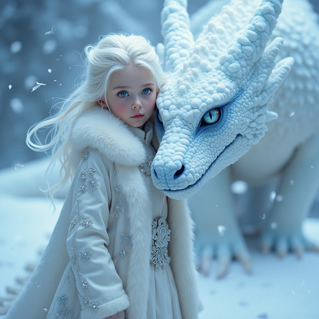 White Dragon and Girl in Blizzard, Digital Matte Painting