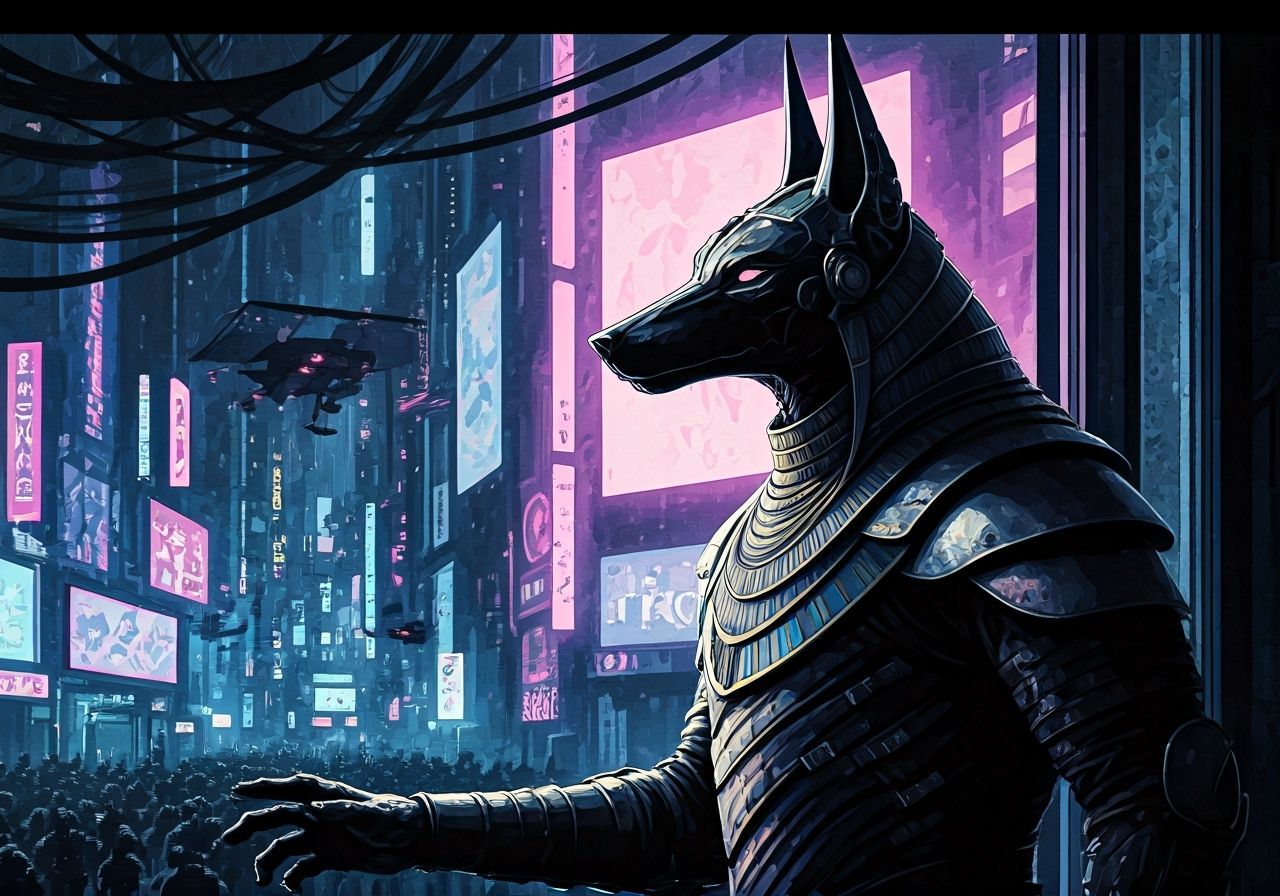 Cyberpunk Anubis Portrait in Dystopian Cityscape