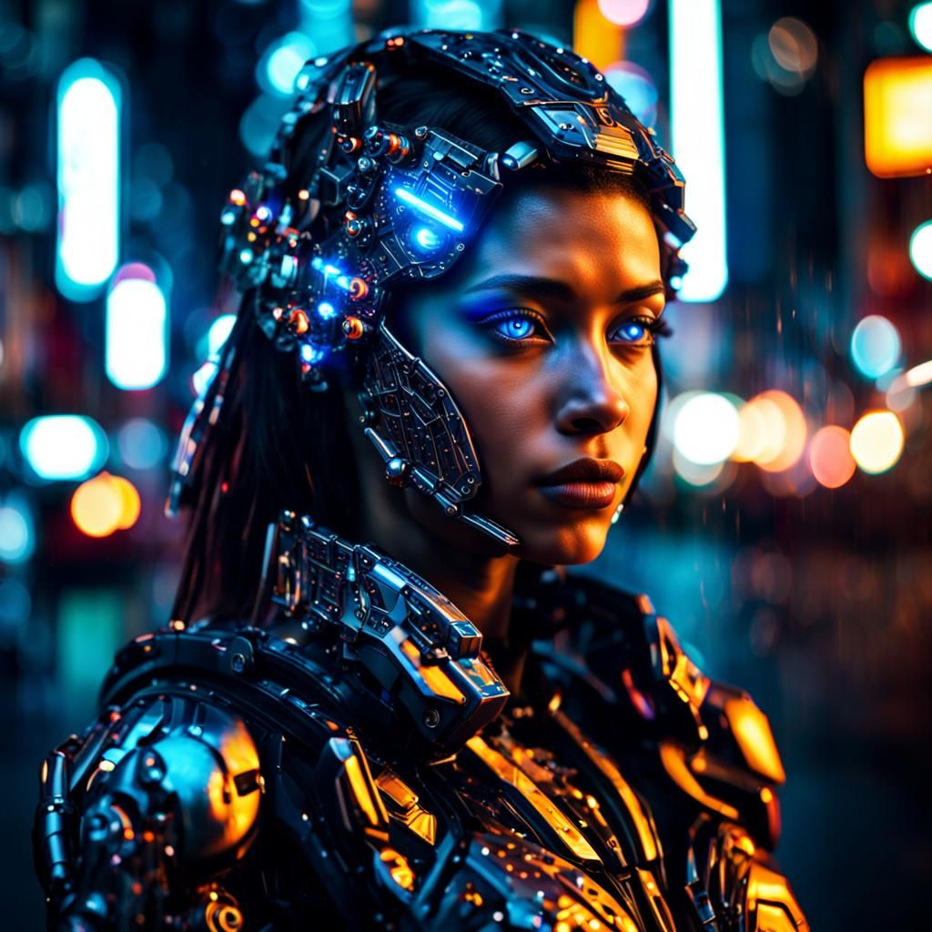 Cyborg Girl Portrait in Neon City, Hyperrealistic Style