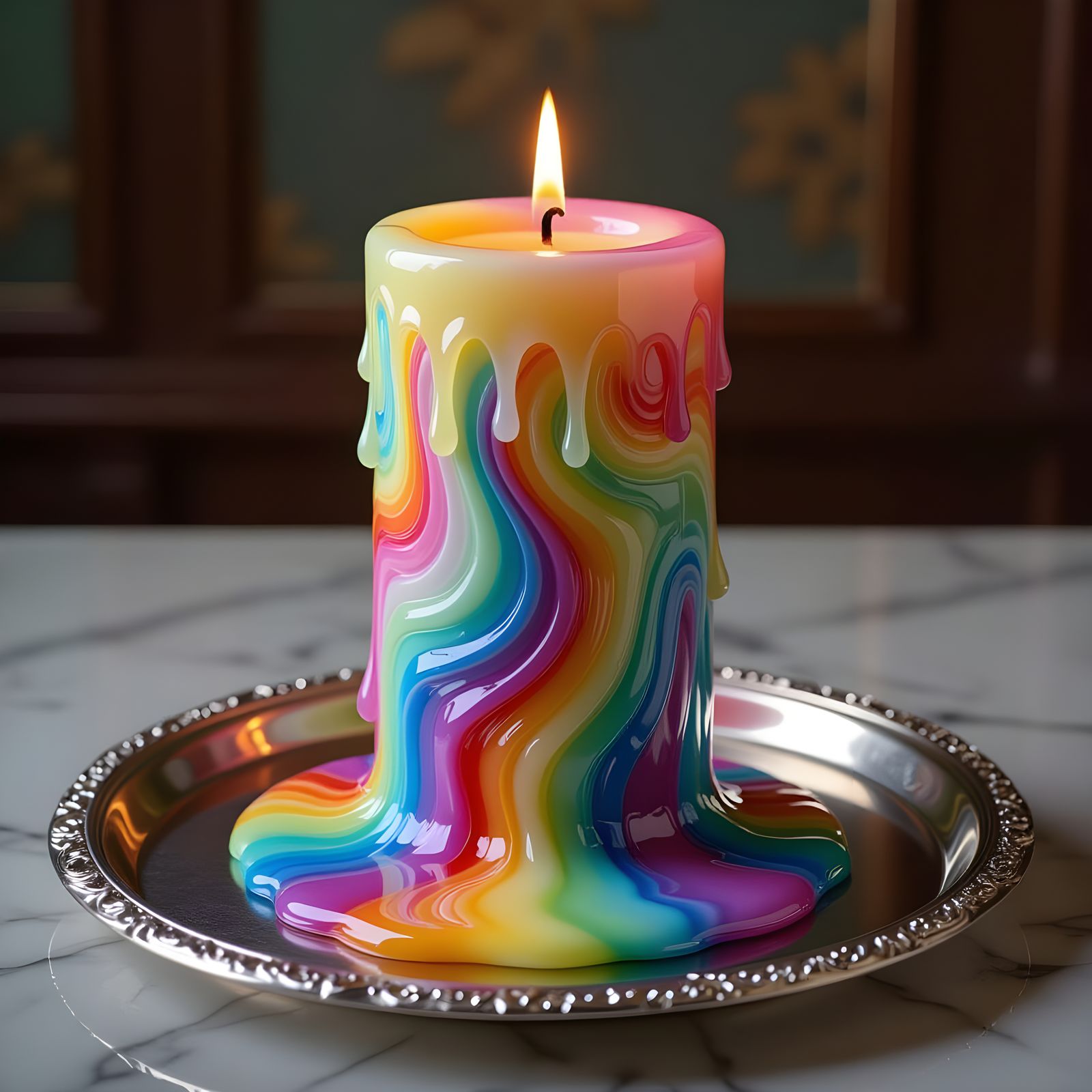 Melting Multicolored Candle on Silver Tray