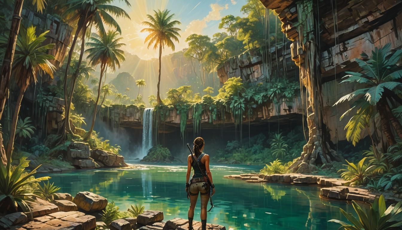 Lara Croft at Sunlit Cenote: Impressionist Oil Painting