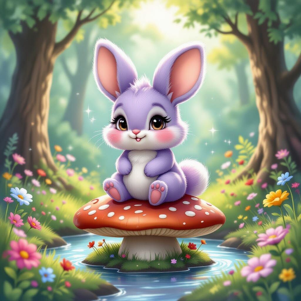 Whimsical Forest Creature on Mushroom, Storybook Illustratio...