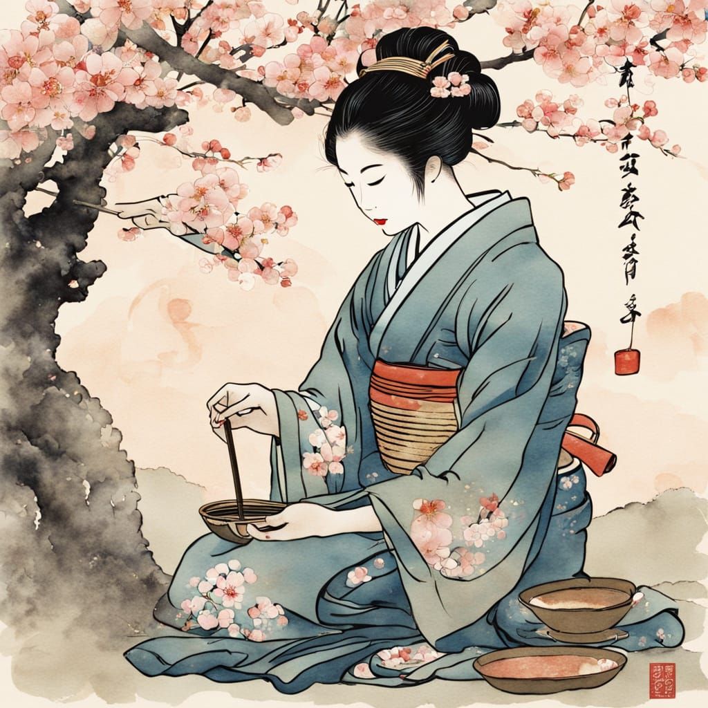 Geisha at Tea Ceremony in Ukiyo-e Style