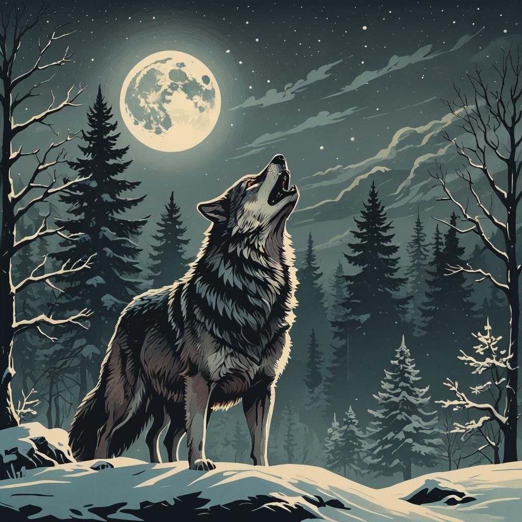 Retro wolf howling at the cold darken night