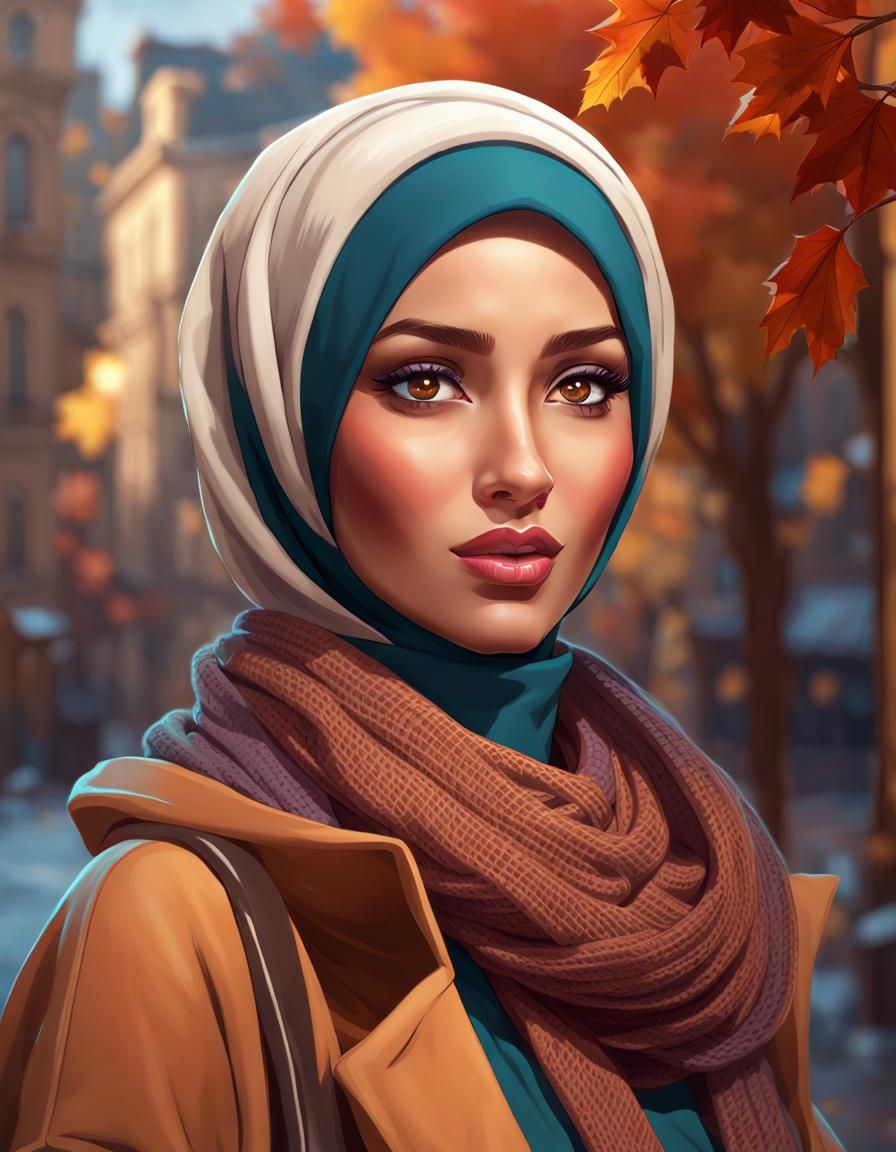 Cozy Hijabi Woman in Autumn City Portrait