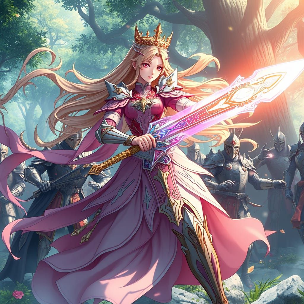 Regal Princess Battles Heavily Armored Knights in a Lush Fan...