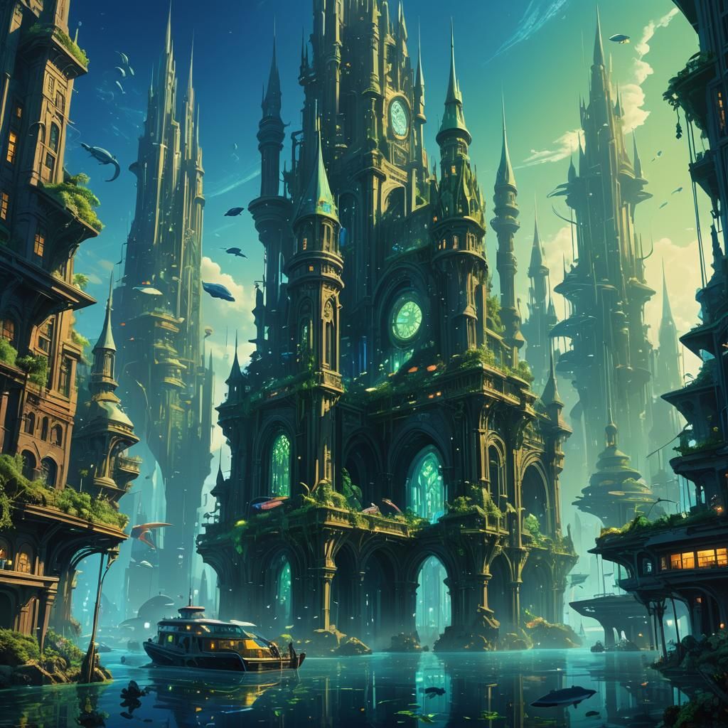 Underwater Metropolis Concept Art in Bioluminescent Lighting