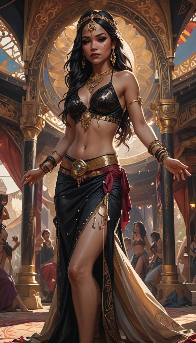 Exotic Belly Dancer Portrait in Opulent Tent, Detailed Digit...