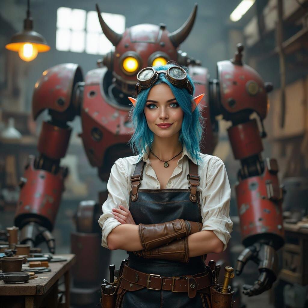 Half-Elf Artificer in Workshop, Cinematic Portrait