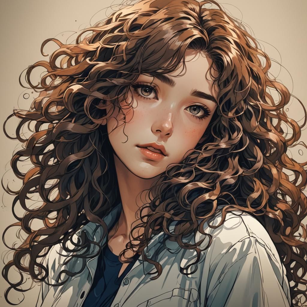 Anime Style Sketch of Woman with Curly Hair