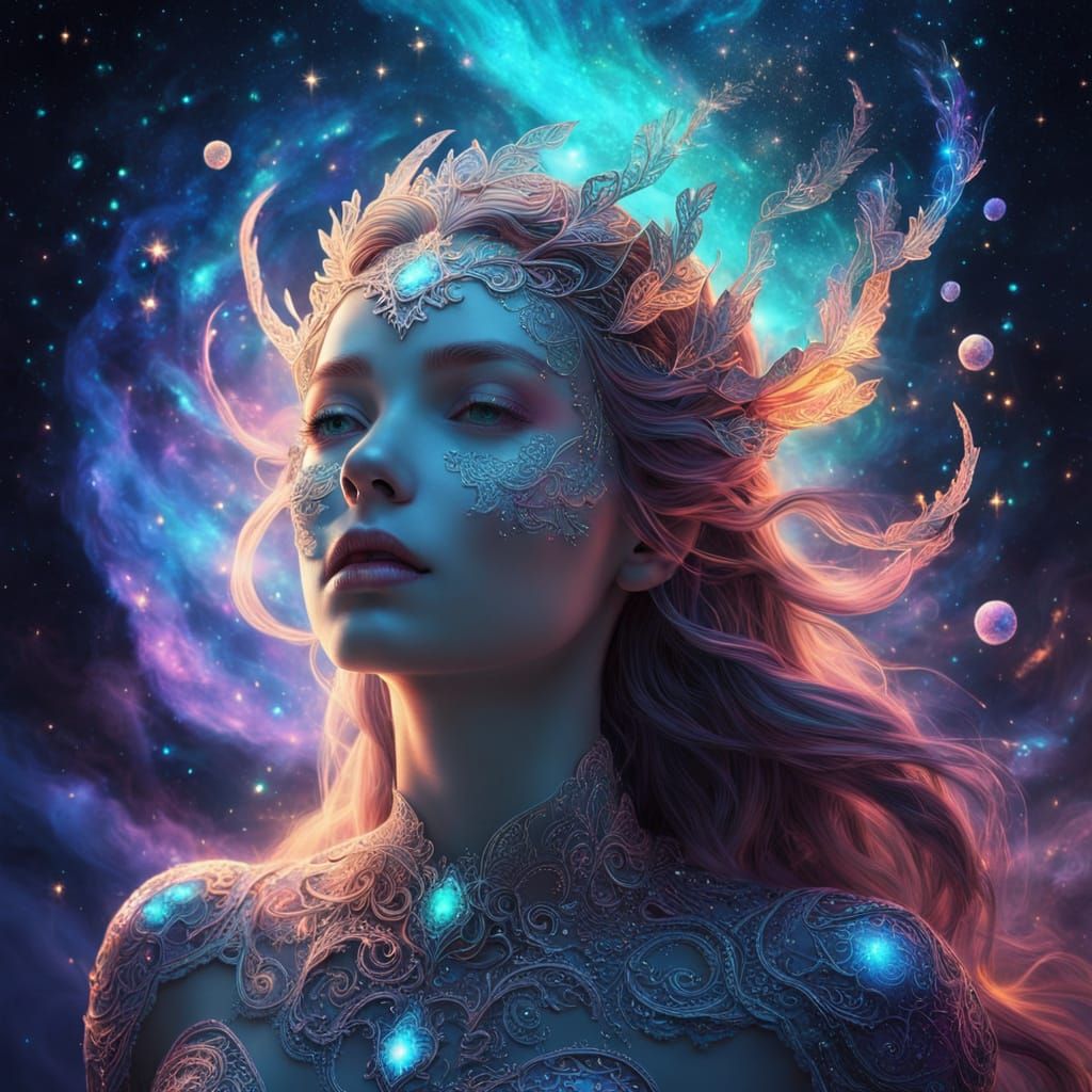 Ethereal Goddess in Vibrant Cosmic Realm
