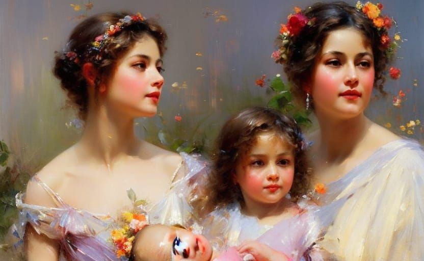 Mother and Child Painting in Pino Daeni Style