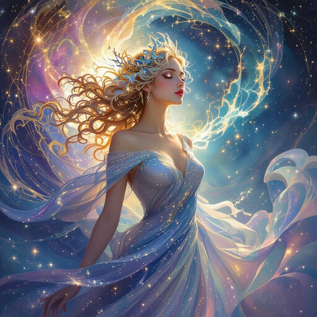Celestial Goddess Emerges from Nebula in Art Nouveau