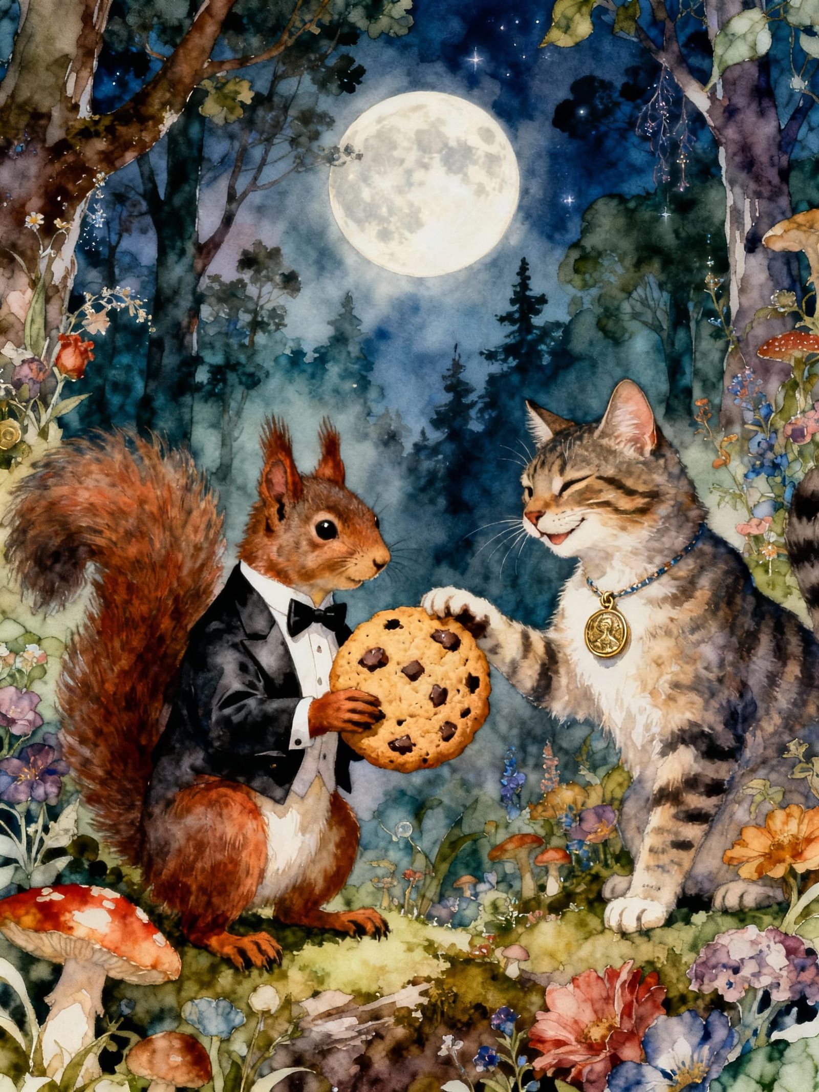 Anthropomorphic Animals in Magical Forest at Night