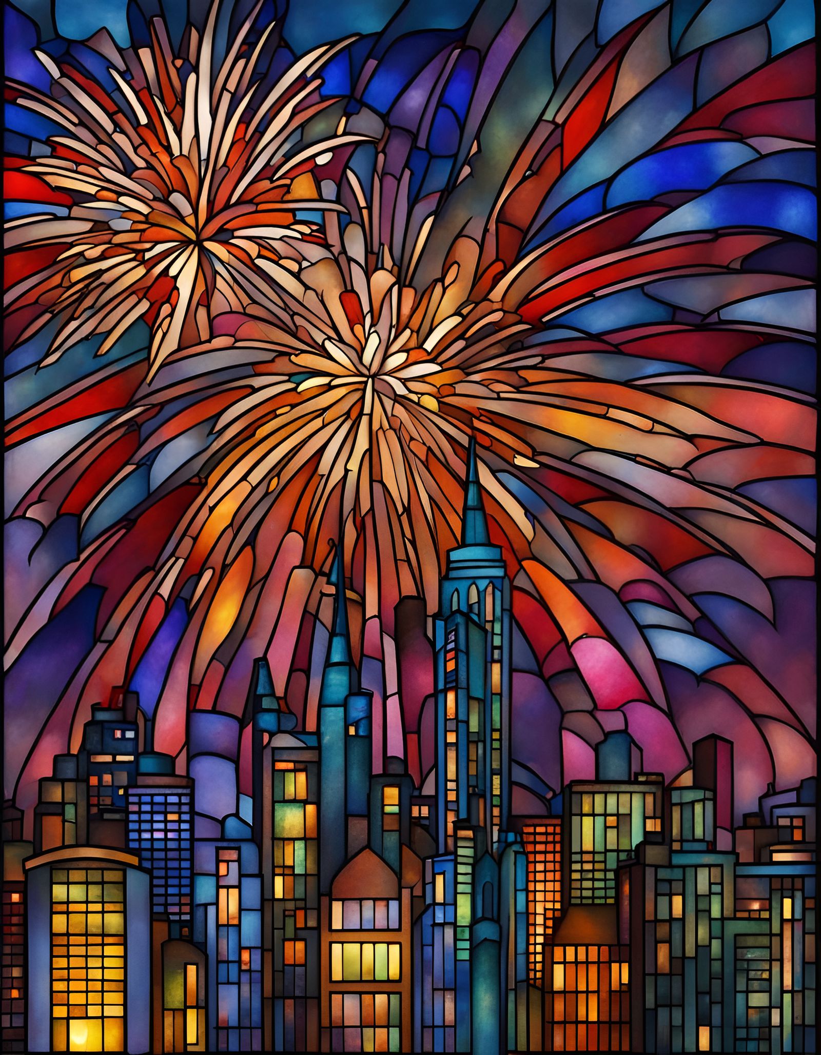 Fireworks Over City Skyline as Stained Glass