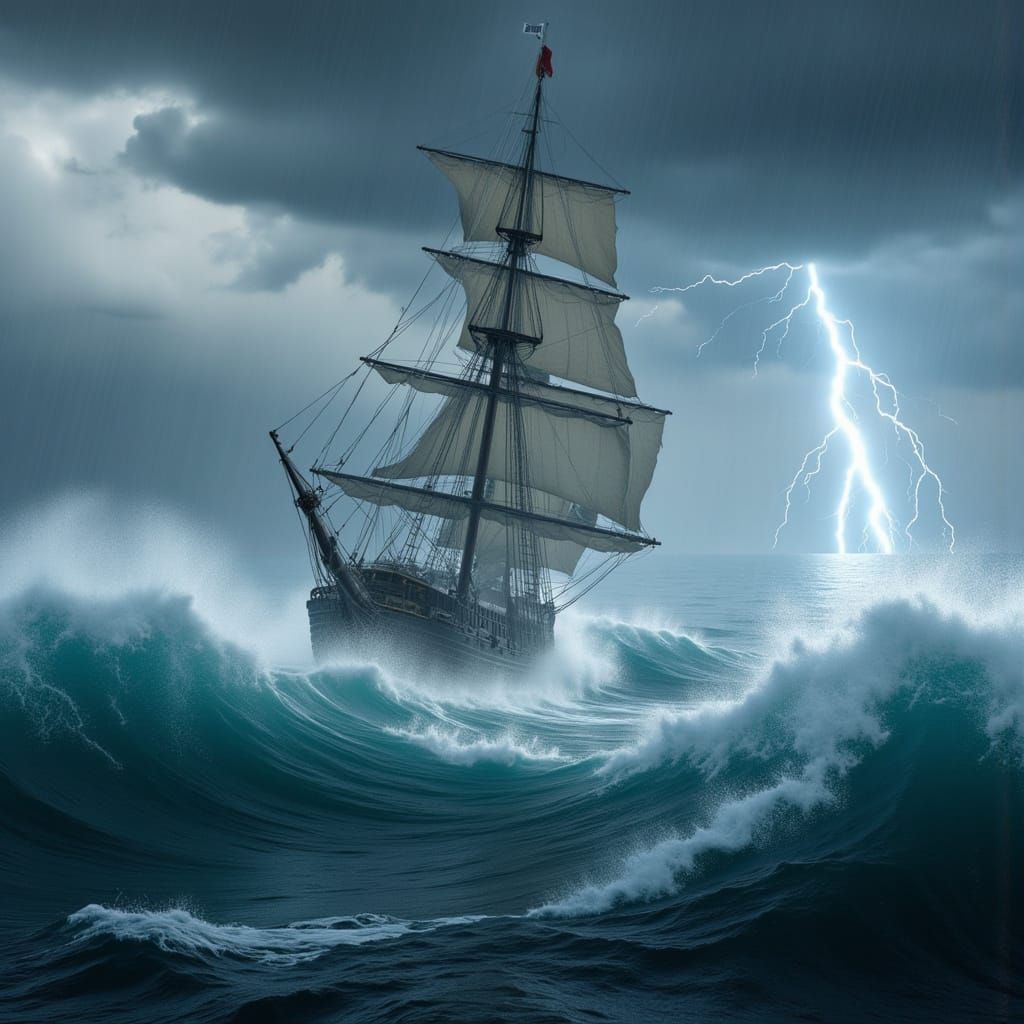 Sailing Ship Battles Stormy Seas with Lightning Strikes