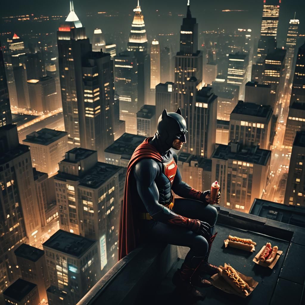 Superhero Eats Hot Dog on Skyscraper Ledge