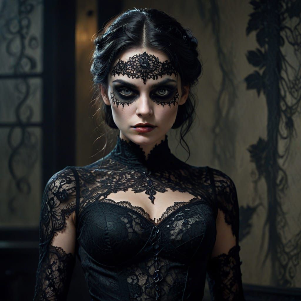 Dark Gothic Goddess in Black Lace and Shadows