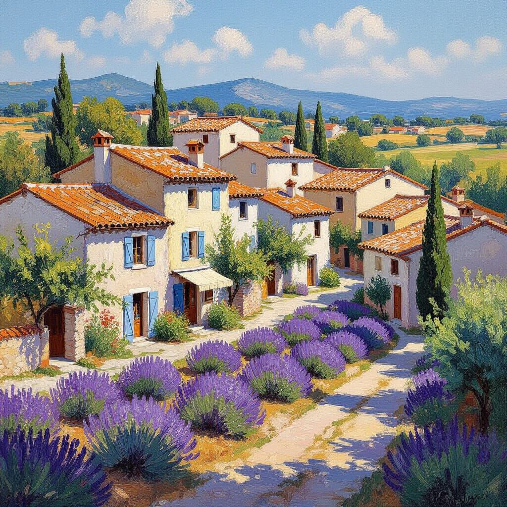 Provencal Village Scene in Impressionist Style