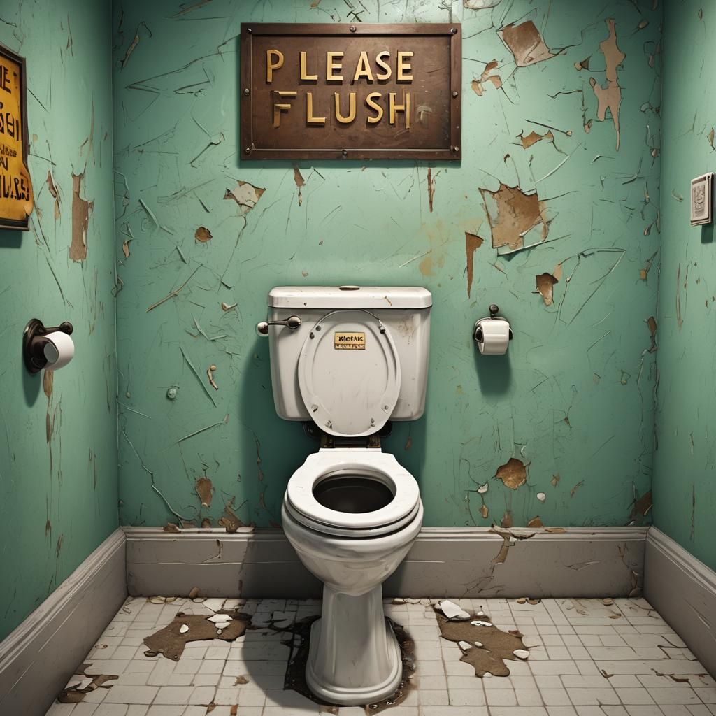 1950s American Bathroom with Toilet and Sign