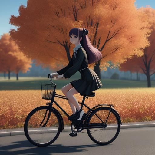 Anime Style Vixyna Rides Bicycle Through Autumn Landscape