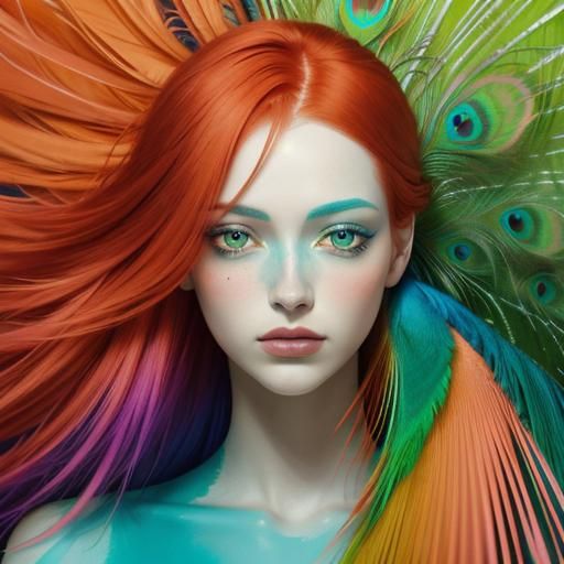 Rothko-Inspired Portrait of Woman with Peacock Feather Accen...