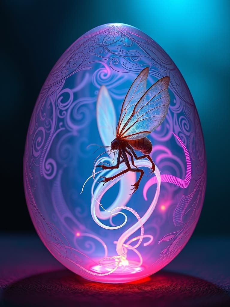 Delicate Transparent Egg with Iridescent Bioluminescent Crea...