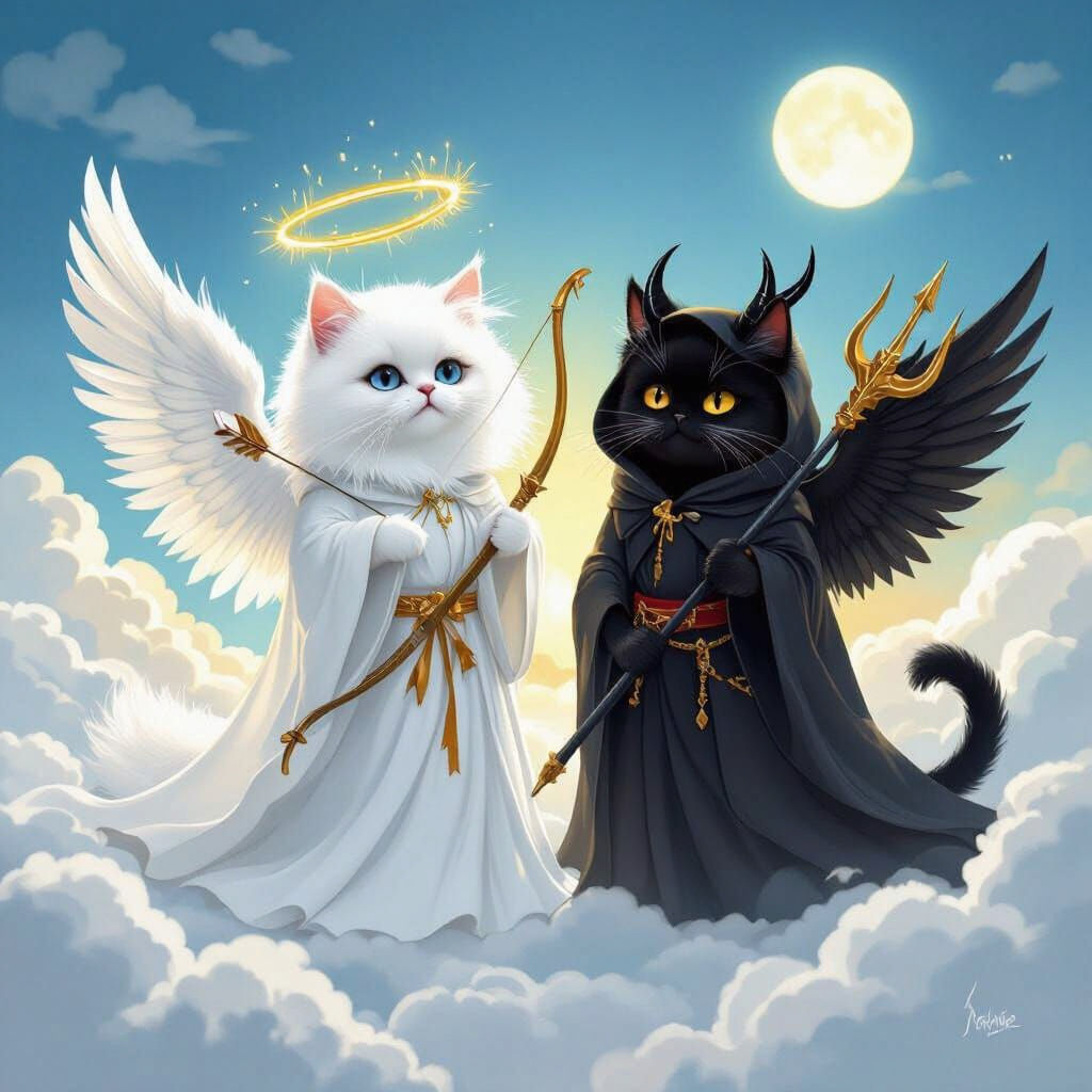 Angelic White Persian Cat with Devilish Black Cat
