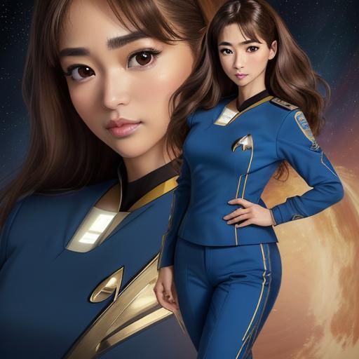Linda Park as Hoshi Sato wearing a first generation star trek blue uniform with Star Trek insignia. anime style.