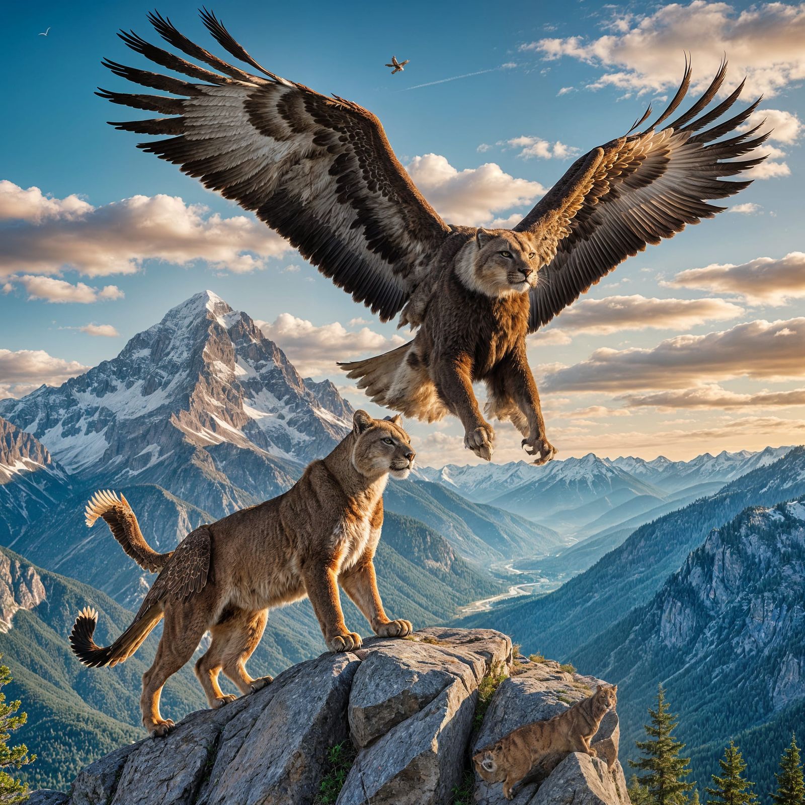 Regal Avian Feline Hybrid Soars Above Majestic Mountains