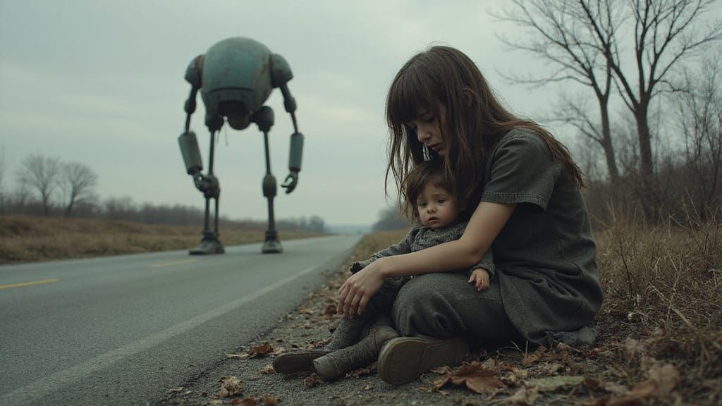 Little Girl Cries in Robot Ruled Post-Apocalyptic World