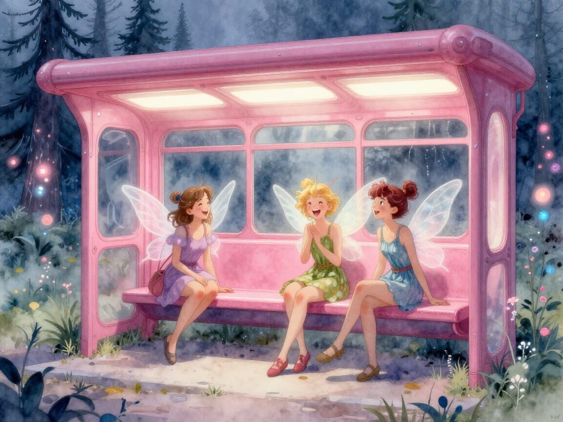 Fairies Laughing in a Pink Bioluminescent Bus Station as Wat...