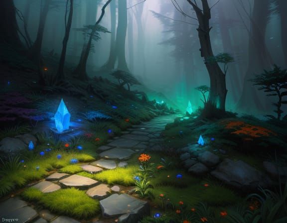 Ethereal Fantasy Landscape with Crystals and Moss in Vibrant...