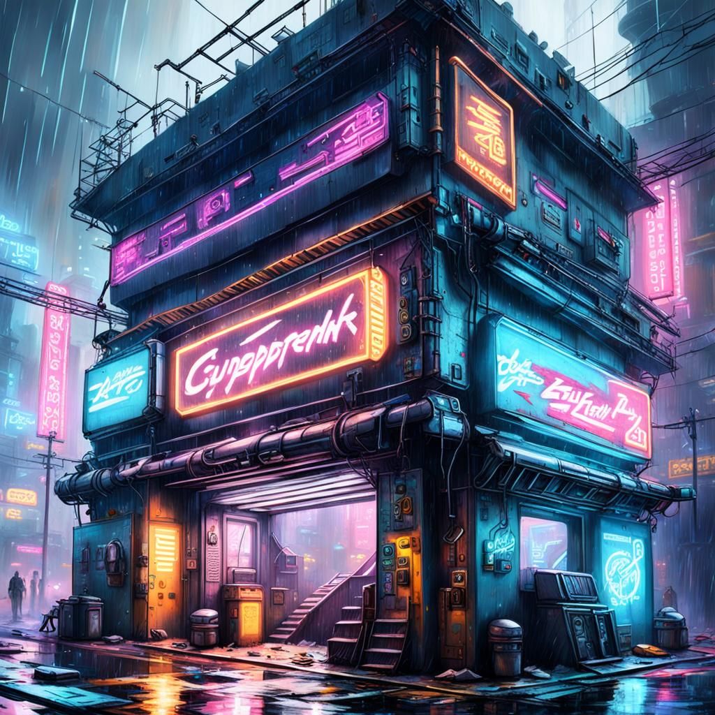 Guarded Cyberpunk Gang Hideout in Dystopian Slums