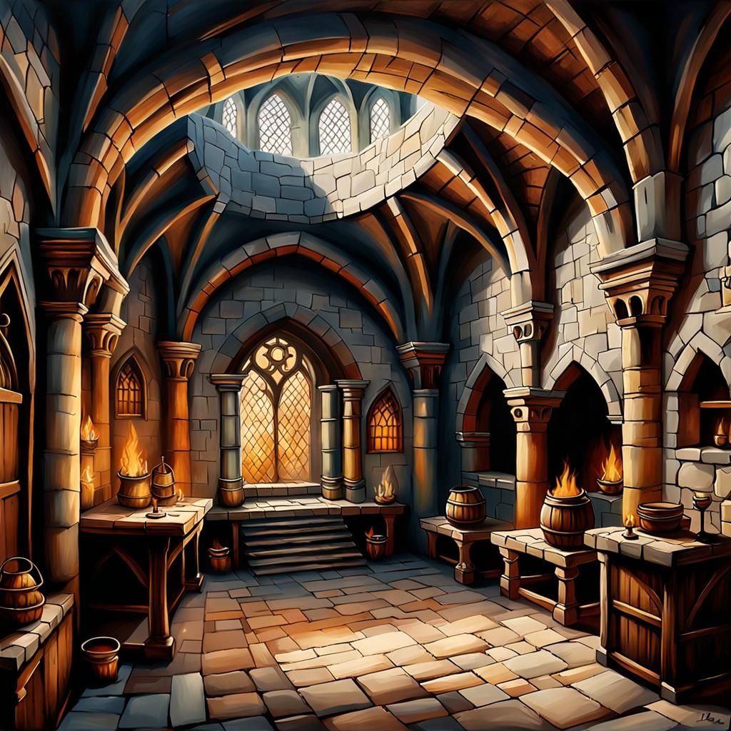 Inside a Chamber, Medieval Lairs, open area, clean oil painted airbrush,