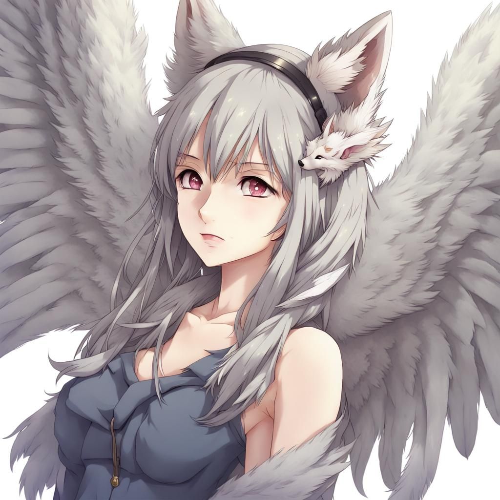 Anime Girl with Wolf Features and Feathered Wings