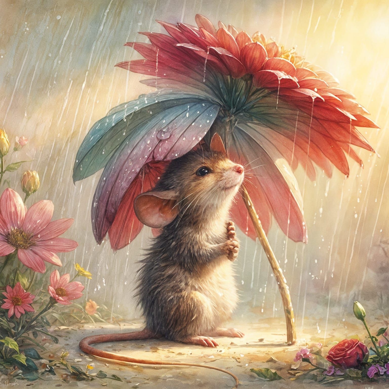 A mouse holds a flower over its head like an umbrella.