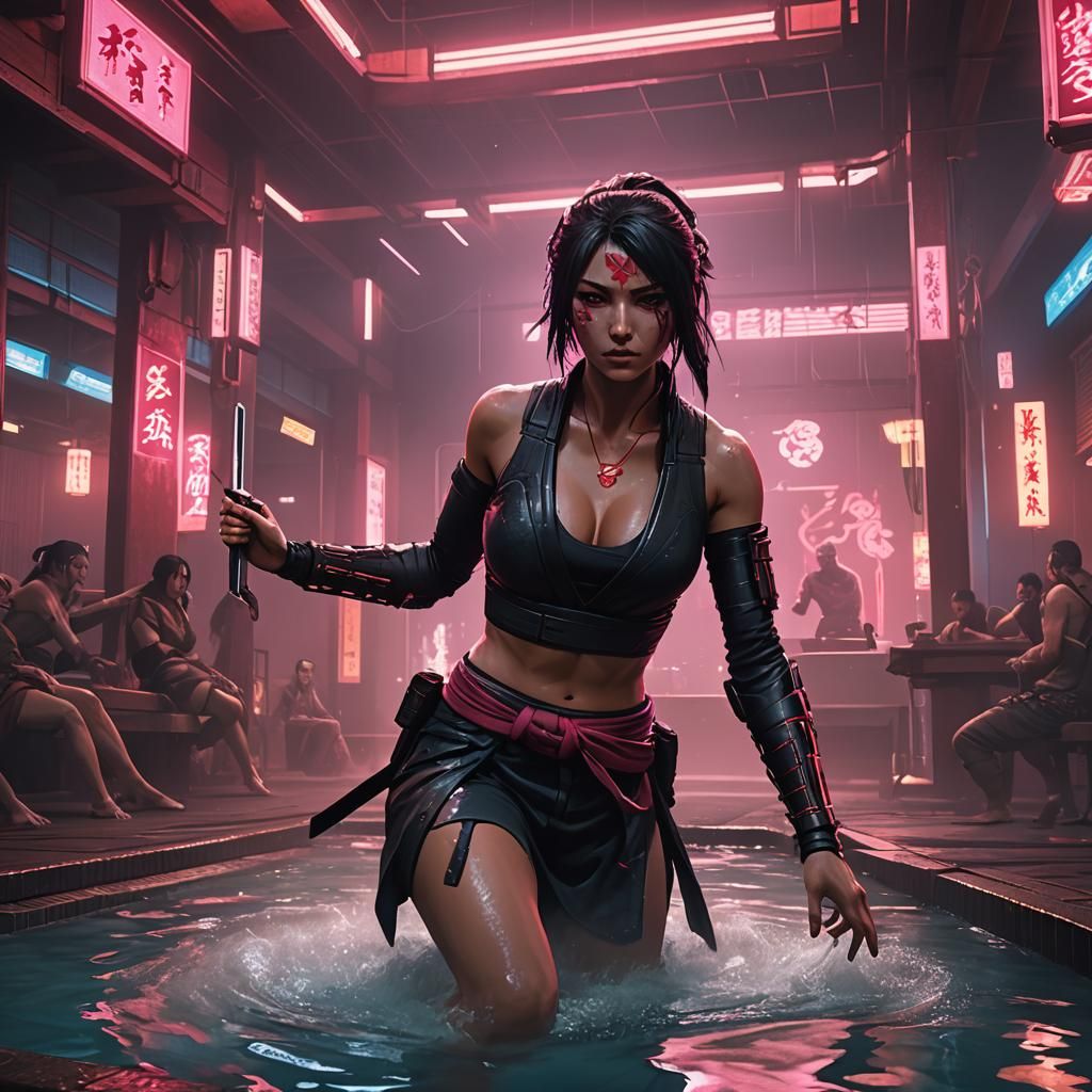 Cyberpunk Ninja Fight in Imperial Bathhouse