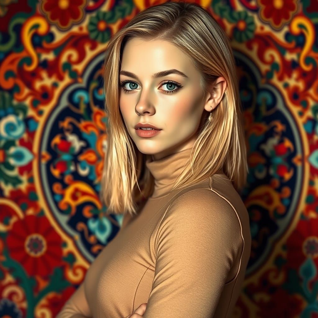 Blonde Woman in Dress: Hyperrealistic Folk Art Portrait