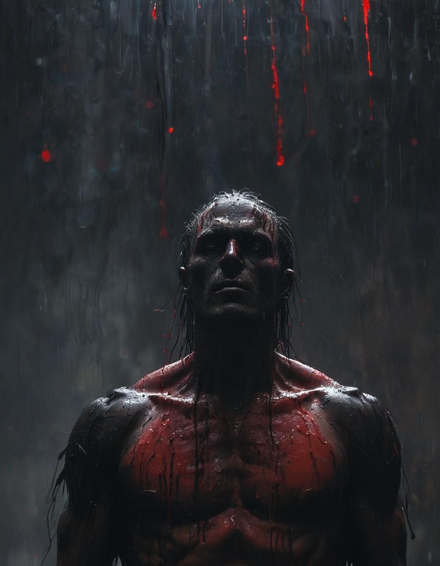 Dark Figure in Blood Rain: Oil Painting