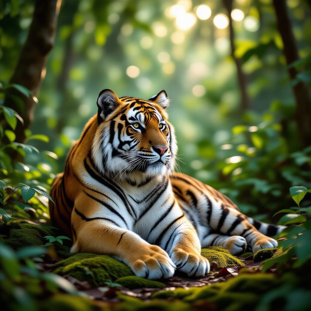 Photorealistic Tiger in Sun-Dappled Jungle Clearing
