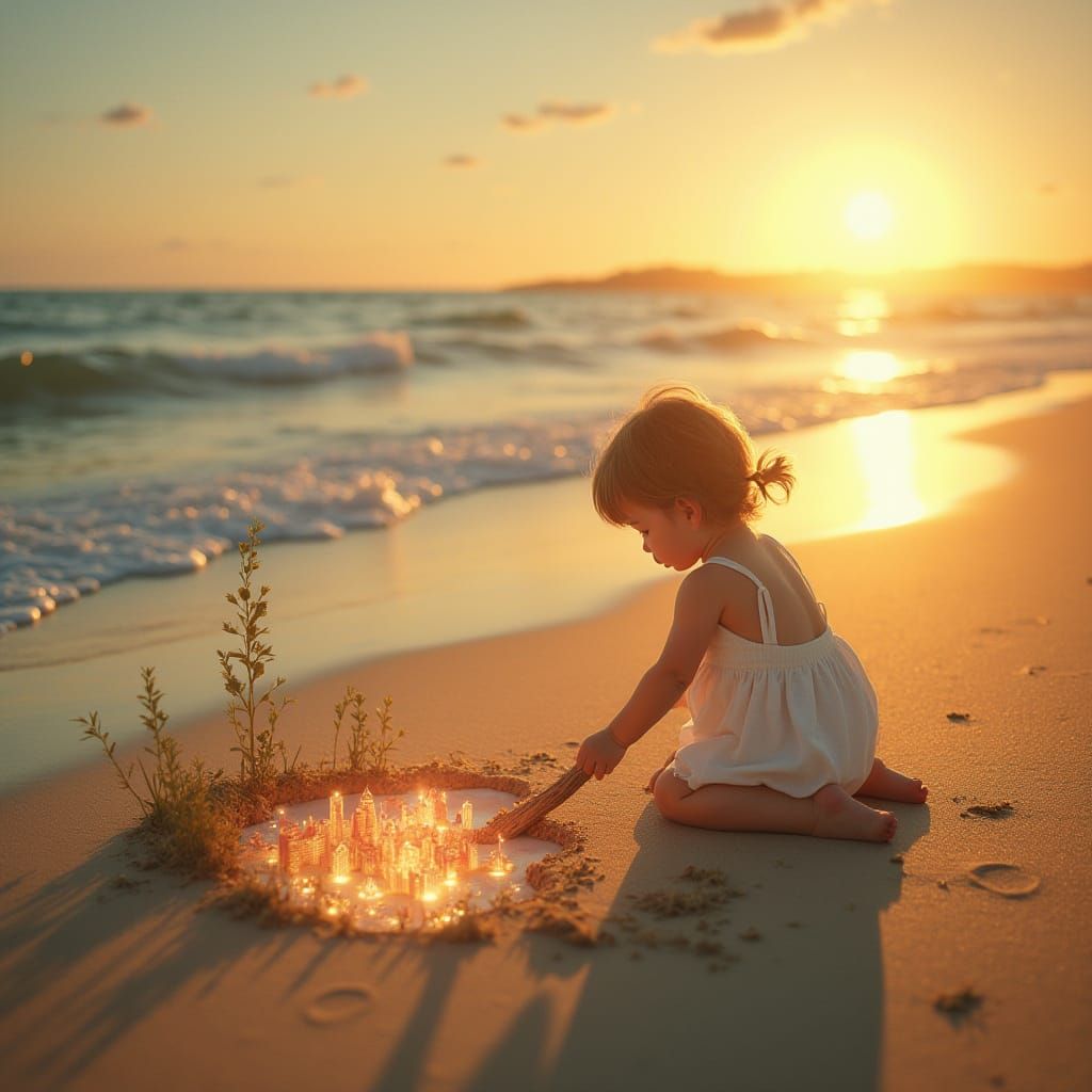 Child Creates Magic City in Sand, Surreal Beach Scene